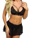 klier Women Lingerie Set Sexy Babydoll Set 3 Piece Lace Bralette, Mini Skirt with G-String Sets Black