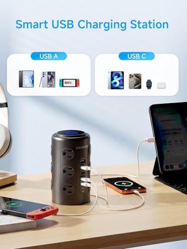 Image of Tower Power Strip with Night Light,PD20W USB C Power Strip Tower with Multiple Outlets, 12 Outlets,5 USB Ports (3 USB-C), 6FT Extension Cord Desk Charging Station for Home,Office,Dorm Essentials,Black