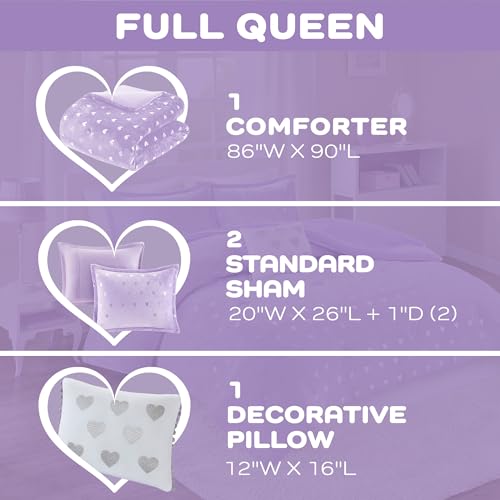 Image of Intelligent Design Queen Comforter Set, 4 Piece Metallic Hearts Cozy Bedroom Set for Girls, Queen Bed Set Soft & Plush Comforter, All Season Fluffy Bedding Set, Rosalie, Full /Queen, Purple Silver