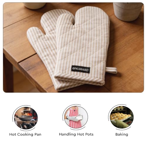 Image of Encasa XO Oven Gloves, Quilted Cooking Mitts, Microwave Safe Ticking Beige | 3-Layer Heat Protection Up to 220C | Non-Slip Grip & Hanging Loop | CE Certified | Set of 2