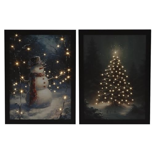 YöL Set of 2 Fibre Optic Canvas Art Snowman Christmas Tree Winter Wonderland Light Up LED