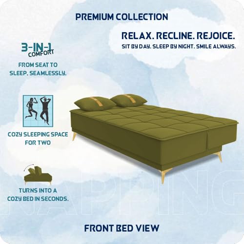 Image of Adorn India Premium New Alyssum 3 Seater Sofa Cum Bed 4X6 Velvet Suede with 2 Cushions (Color Light Green) and Suitable for All Indoor, with 3 Years Warranty