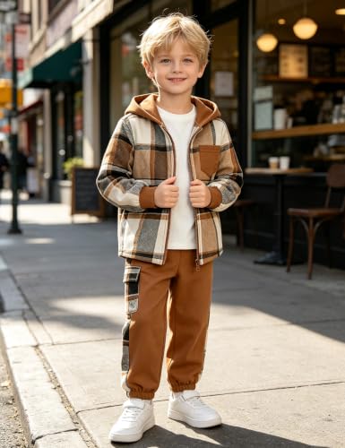 Image of Toddler Boy Clothes Plaid Hooded Shirt White T-shirt Top and Solid Color Pants 3Pcs Winter Boys Clothes