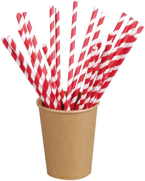0.2 Dia. x 8.3 in. Red Striped Paper Straws - Unwrapped