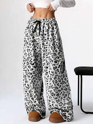 Image of VCM Leopard Print Pants Y2k High Waisted Baggy Trousers Drawstring Fluffy Cheetah Fuzzy Pajama Sleepwear