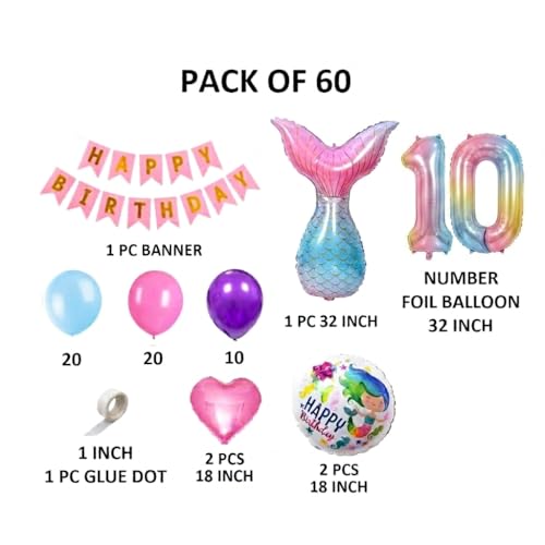 Image of 61 pcs 10th Birthday Decoration for Girls Tail Foil Balloon Garland Rainbow Number Foil Theme Birthday Decorations Aqua Theme Birthday Decorations (Pack of 61, Multi)