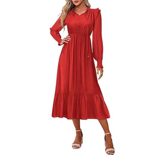 Dokotoo Womens Fall Dresses 2023 Drawstring Ruffled Maxi Dress for Women Long Sleeve High Waist Tiered Maxi Dress Red Large