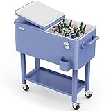 VINGLI 80 Quart Rolling Ice Chest, Portable Patio Party Bar Drink Cooler Cart, with Shelf, Beverage Pool with Bottle Opener (Haze Blue)