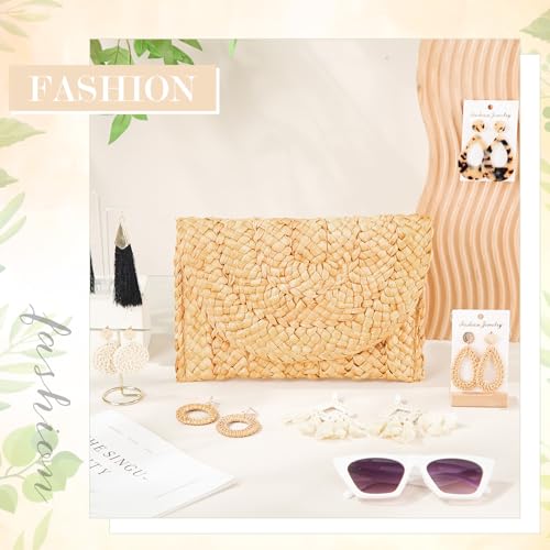 Image of JaGely Women's Straw Clutch Purses and 6 Pairs Rattan Earrings Summer Beach Clutch Handbag Envelope Woven Bag Boho Earrings (Classic), coffee