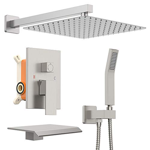 KOJOX 12 Inch Shower System with High Pressure Rainfall Shower Head, Handheld Shower Head, Bathtub Faucet Trim Kit and 3 Function Shower Faucet valve Shower Set Brushed Nickel KOJOX 12 Inch Shower System with High Pressure Rainfall Shower Head, Handheld Shower Head, Bathtub Faucet Trim Kit and 3 Function Shower Faucet valve Shower Set Brushed Nickel