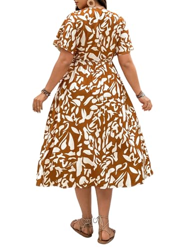 Image of Floerns Women's Plus Size Boho Hawaiian Tropical Dresses V Neck Short Sleeve Floral A Line Long Dress Vacation Beach Outfits