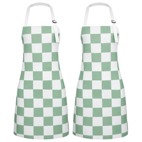 XLSXEXCL 2 Pack Checkered Kitchen Apron Checkerboard Aprons for Women Green