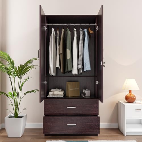 Image of VIKI Wardrobe | Albarracin Wardrobe | Wooden Almirah for 2 Door Wardrobe with 2 Drawer & Hanging Space with Mirror (Dark Wenge - 40D x 80W x 180.8H) | 1 Year Warranty | Free Assembly