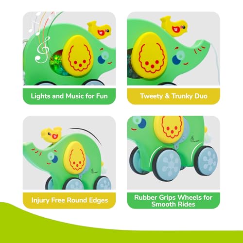 Image of R for Rabbit Orapple Trunky Musical Pull-Along Toy for Baby with Lights & Smooth Wheels |Encourages Walking, Balance & Coordination | Motor Skill Development 12+ Months Kids (Green Yellow)