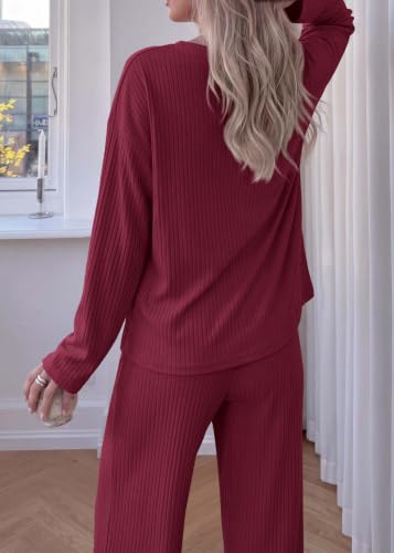 KIRUNDO Fall Ribbed Knit 2 Piece Lounge Set Women(Wine Red, Small) — view 3