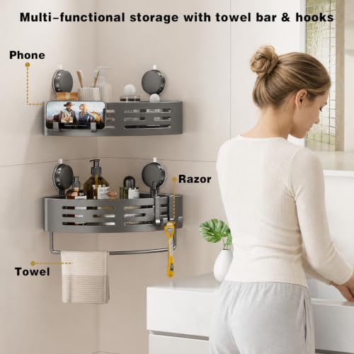 Image of VOLPONE Corner Shower Caddy Suction Cup Shower Shelf Corner No Drilling Bathroom Shower Organizer Storage Rack Adhesive with Towel Bar Hooks &soap holder (2-Pack,Gray)