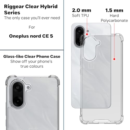 Image of RIGGEAR Shockproof Clear Hybrid Airbag Armor Back Cover Case for OnePlus Nord CE5 / Nord CE 5 5G (Transparent PC and TPU Bumper)