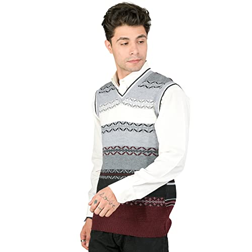 Image of Men Woolen V-Neck Printed Design Sleeveless Pullover Heavy Rainbow Fabric Winter Wear Pure Wool Cardigan Regular Coaty Fully Warm Heavy Pullover Cardigans Free Sizes