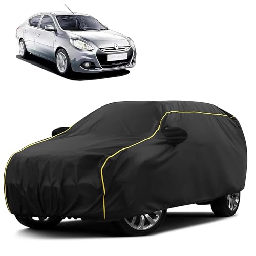 Image of Sulfar 100% Water Resistant Car Body Cover Compatible with Mirror for Renault Scala (Triple Stitched, Full Bottom Elastic, Black Taffeta with Yellow Piping)