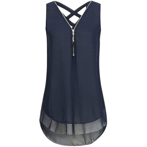 Fronage Summer Tank Top for Women Casual Zipper Sleeveless Shirts Double Layers Chiffon Blouses, Blue, Large Cover