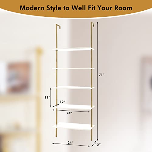 Giantex 5 Tier Modern Wall Mounted Bookshelf, 71'' White And Gold Wood Bookcase With Steel Frame, Stand Display Storage Rack Organizer Ladder Shelf For Living Room, Kitchen #TOP1