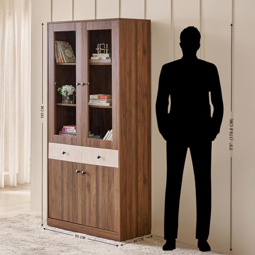 Image of Home Centre | Addison 4-Door Book Cabinet with Drawers | Engineered Wood | Brown | 1 Year Warranty
