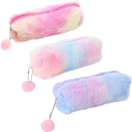 MEZOKUCEL 3 Stück Plüsch Federmäppchen Niedliche Regenbogen Federmappe Schreibwaren Fall Große Kapazität Schreibwaren Federmäppchen für Mädchen Plüsch Federtasche für, Farbverlauf, schule set