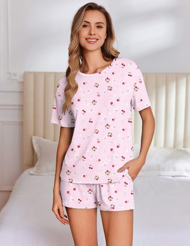 Image of Ekouaer Pajama Set for Women Viscose from Bamboo Short Sleeve Tops and Shorts Set 2 Piece Lounge Set