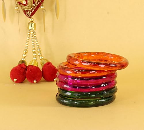 Image of NMII Traditional Glass With Diamond Cutting Pattern Glossy Finished Stylish Kada Set For Women And Girls | Crystal Glass Kada Bangles Set For Wedding, Festive