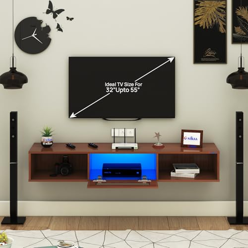 Image of Anikaa Novus Wall Mount Modern Floating TV Unit for Living Room with Open Shelf Storage Cabinet & Middle Cabinet Blue LED Light (Ideal for 32 to 55 inch TV, DIY Installation, Walnut Finish)