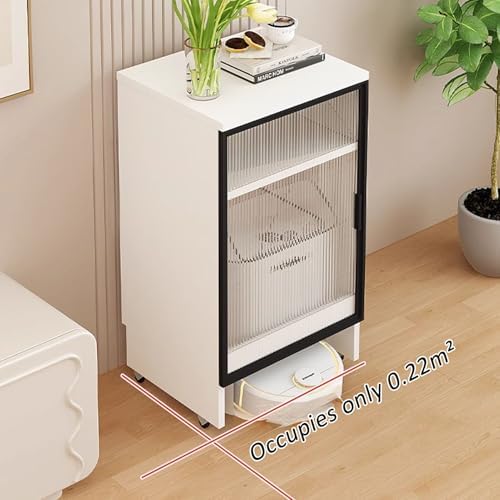 Robot Vacuum Storage Cabinet with Glass Door, Rolling Sweeping Robot Rack, Hidden Vacuum Stand for Living Room, Floor Aquarium Stand - Stylish White Design