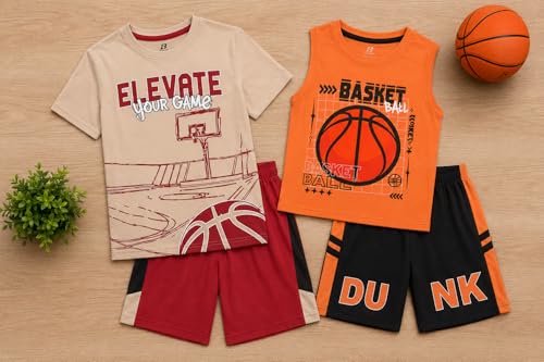 Image of Pro Athlete Boys Short Sets - 4 Piece Performance Graphic Tees and Tank Tops with Matching Boys Athletic Shorts (Sizes: 8-16)