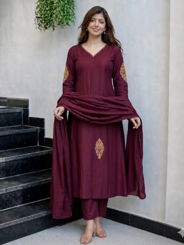 Image of ANNI Designer Kurta Set for Women Viscose Embroidered | A-Line Kurta Pant Dupatta Set for Woman | Long Sleeve V-Neck Stylish Ethnic 3 Piece Outfit Trendy Women Clothing