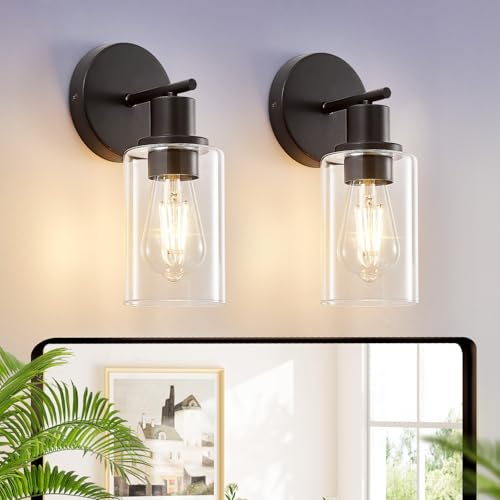 Image of DLLT Wall Sconces Set of Two: Modern Bathroom Vanity Light Fixtures - Matte Black Vanity Lights with Clear Glass Shade - Farmhouse Wall Lamp for Bedroom Living Room Mirror Hallway Kitchen