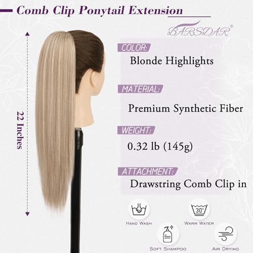 BARSDAR Ponytail Extension, 55cm Lang Glattes Blond Pferdeschwanz Haarteil Extension mit Kordelzug Aussehen Synthetische Cheer Posh Comb Clip Pferdeschwanz Haarverlängerung Haarteil Tägliche Party