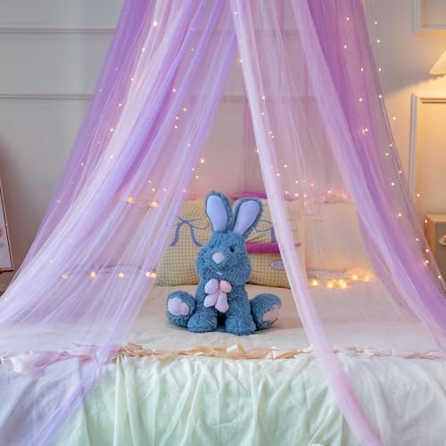 Image of Princess Pink Purple Bed Canopy with Lights for Girls Bed Net,Princess Canopy for Kids Bed Room Decor (Pink Purple+Lights)