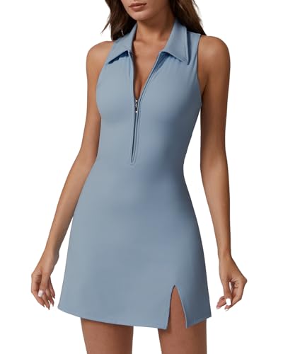 Image of QINSEN Womens Zip Front Tennis Dress Polo Collar Racer Back Workout Golf Dresses Build in Shorts with Pockets