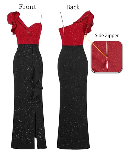 Image of VFSHOW Womens Formal Prom Elegant Ruffle One Shoulder Beaded Strap Ruched Slit Maxi Dress Wedding Evening Long Gown