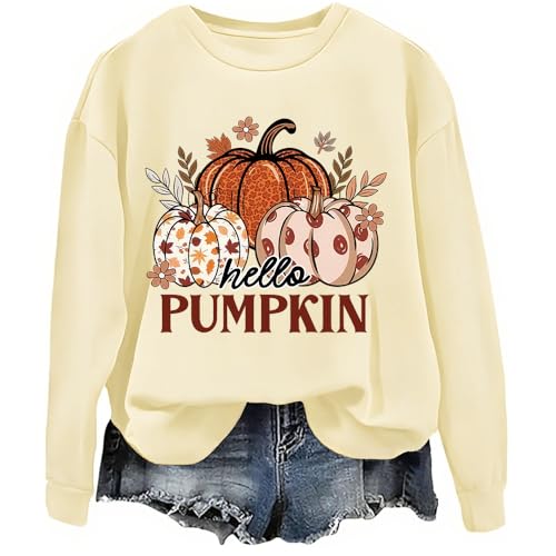 Hello Pumpkin Sweatshirt Hello Pumpkin Hoodie Graphic Sweatshirts Casual Crew & Hooded Neck Long Sleeve Tops