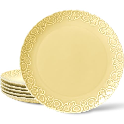 HOMBENE Heartbeat Dinner Plates Set of 6, 10.5", Porcelain Plate, Snack, Ice Cream, Waffles Dinner,Salad Plate for Kitchen, Microwave & Dishwasher Safe (Lemon Yellow)
