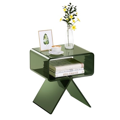 VEVOR Mesa Auxiliar de Acrílico 30 x 39,1 x 43 cm, Mesita de Noche con Estante Carga de 10 kg, Verde Transparente, Mesa de Centro Estable para Sala de Estar, Dormitorio, Salón, Decoración del Hogar