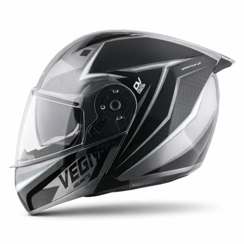 Vega VM-02 Spike Timeless Flip-Up Motorcycle Helmet | ISI Certified | Lightweight Modular Design with Bold Graphics:Grey Black, L