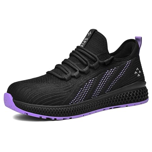 SPIEZ Safety Shoes for Women, Lightweight Composite Toe Work Shoes, Slip-On Non Slip Fashion Sneakers for Daily Wear Black Purple US 5-9.5