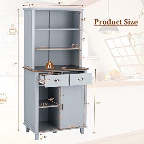 Loko 67” Kitchen Pantry Storage Cabinet, Freestanding Buffet Sideboard With 3 Open Shelves, Microwave Countertop, 2 Pull-Out Drawers & Sliding Door Cabinet, Kitchen Hutch For Dining Room (Grey) #TOP2