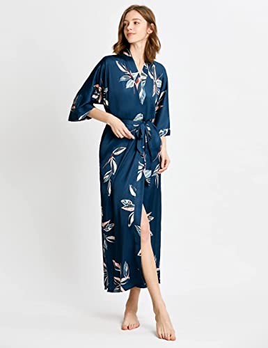 PRODESIGN-Kimono-Robe-de-Nuit-Femme-Longue-Robe-de-Chambre-Motif-Feuille-Kimono-Peignoir-Long-en-Satin-Longueur-53135cm-Vert-fonce