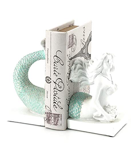 Bellaa 22975 Decorative Bookend Mermaid Antique Farmhouse Sailor Sea Nautical Coastal Fish Boho Beach Decor Retro Vintage Distressed White Turquoise 9 Inch #TOP5