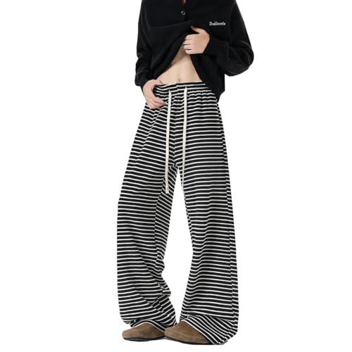 Seidarise Men's Black - and - White Striped Wide - Leg Pants, Drawstring Waist, Comfortable & Versatile for Casual Wear