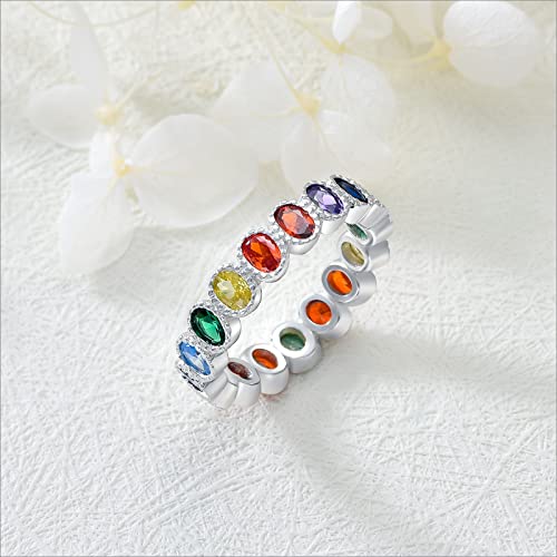 Chakra Ring 925 Sterling Silver Oval 7 Colorful Cubic Zirconia Chakra Rainbow Ring for Women Anniversary Presents3