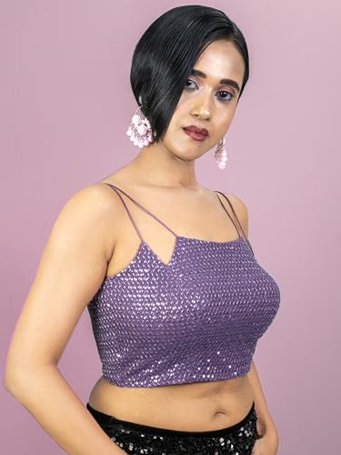 Image of FIGURE'S DESIGNER Women's Spagehtti Neck Strap Sequin Embroidered Sleeveless Readymade Saree Blouse E22