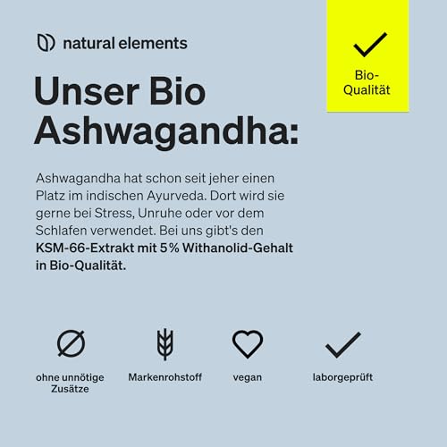 natural elements Bio-Ashwagandha – KSM-66® Premiumrohstoff (180 Kapseln mit überdurchschnittlicher Reichweite) – 5% Withanolid-Gehalt – laborgeprüft, vegan und hochdosiert